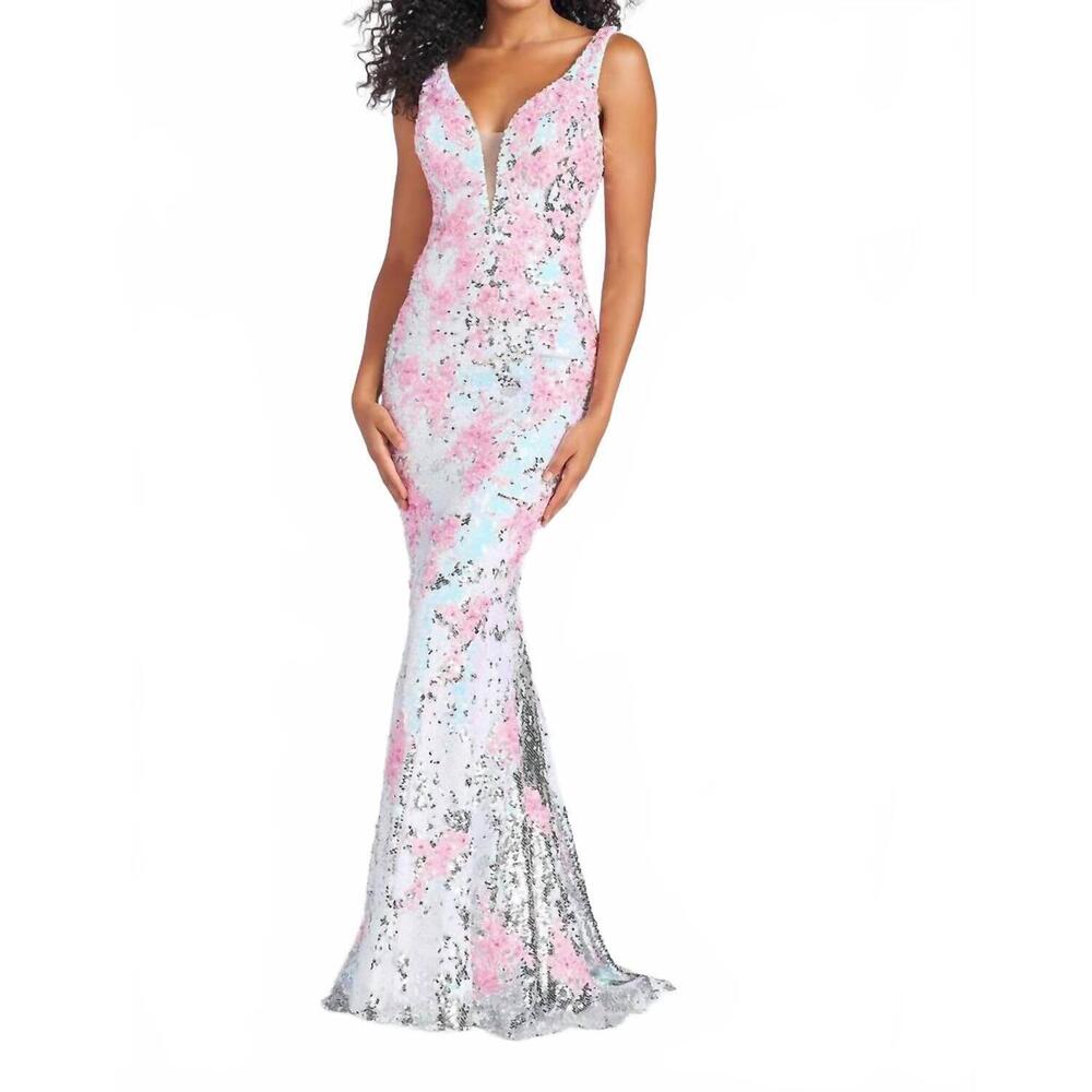 NEW MON CHERI floral sequin trumpet prom dress in pink/multi